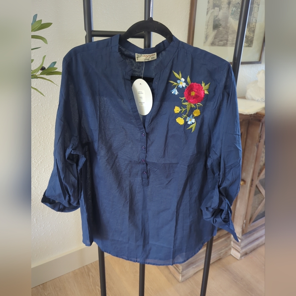 Magazine Floral Embroidery Blouse Half Buttondown Shirt Roll Tab Sleeve Boho